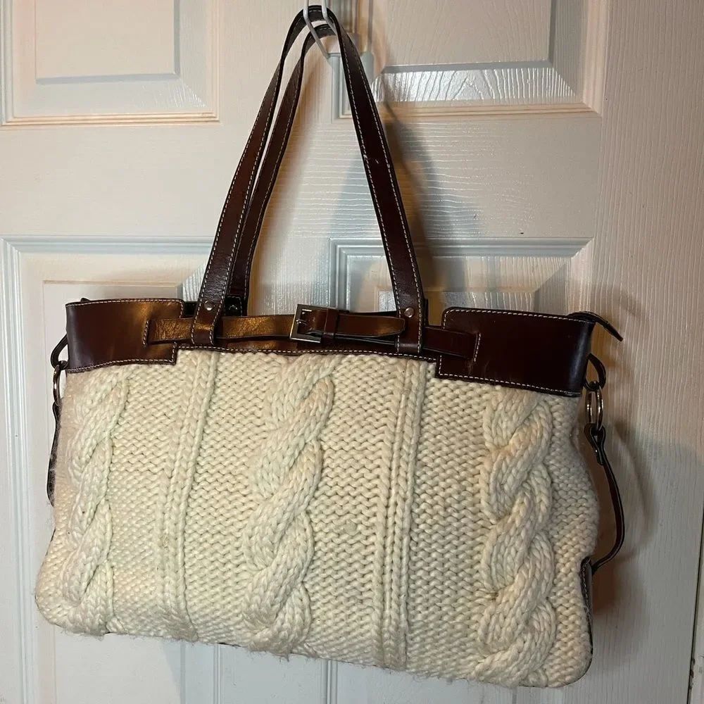Margaret Nicole beige knit tote bag with brown trimmed & silver tone hardwares